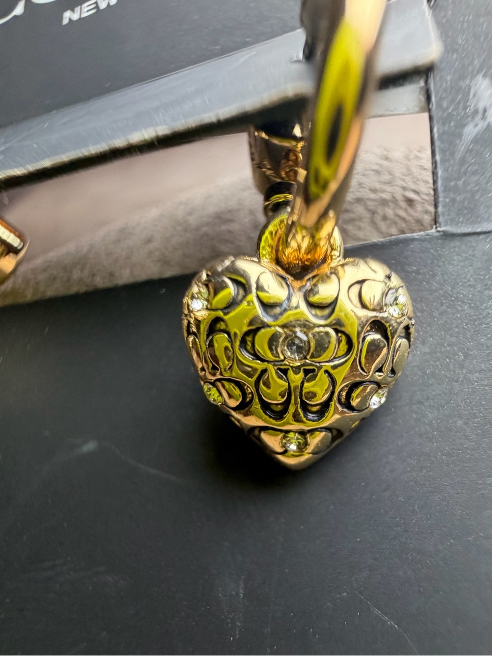 COACH Quilted C Crystal Heart Charm Huggie Earrings - Picture 3 of 8